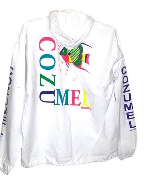 Vintage Cozumel Mexico Windbreaker Jacket • Graphic Fish Print •S/M Zip Hoodie